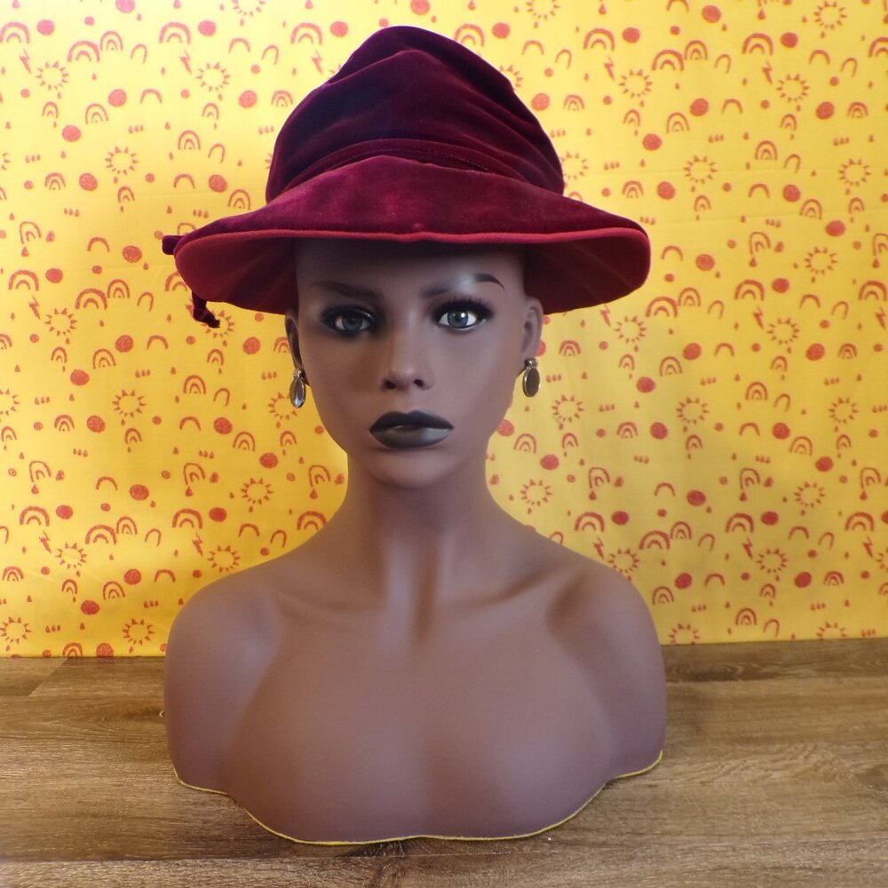 Women's Vintage Hat Plush Burgandy Crushable Hat w/Plush Bow Band One Size
